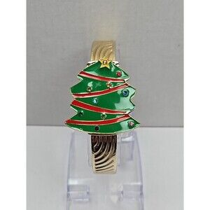 Arm Candy Christmas Tree Ladies Cuff Watch Quartz Gold Tone New Battery Xmas Fun